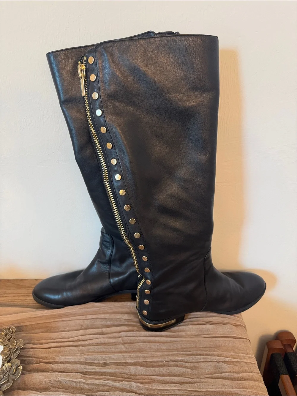 Vince Camuto Black leather boots with gold studs  Women's Parshell...